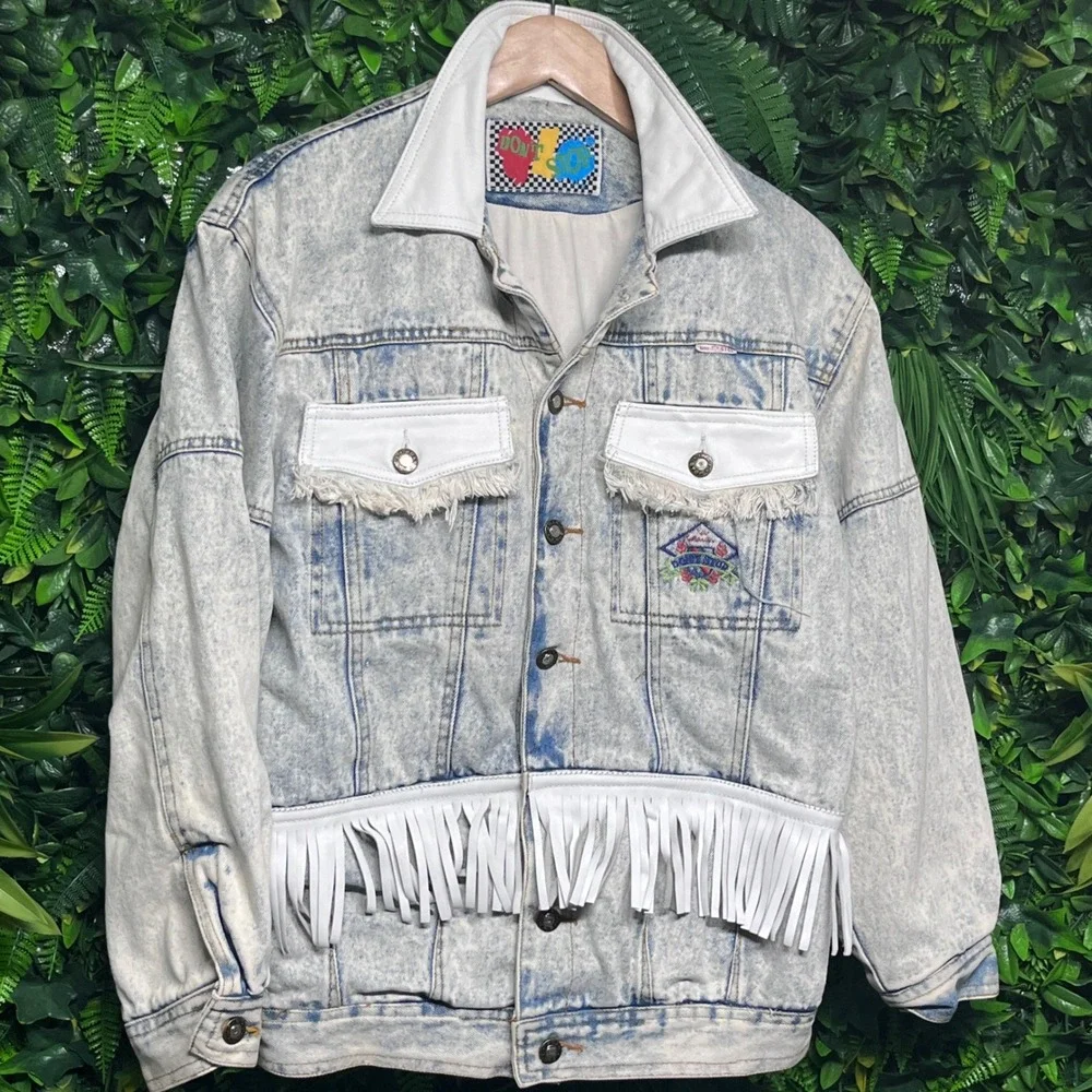 Vintage Dont Stop Size M Acid Wash Denim Jacket White Leather Fringe Embroidered